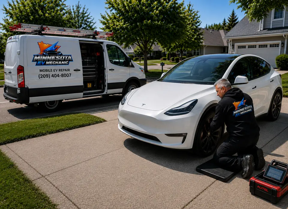 Minnesota EV Mechanic branded van with a technician servicing a white Tesla in a residential driveway